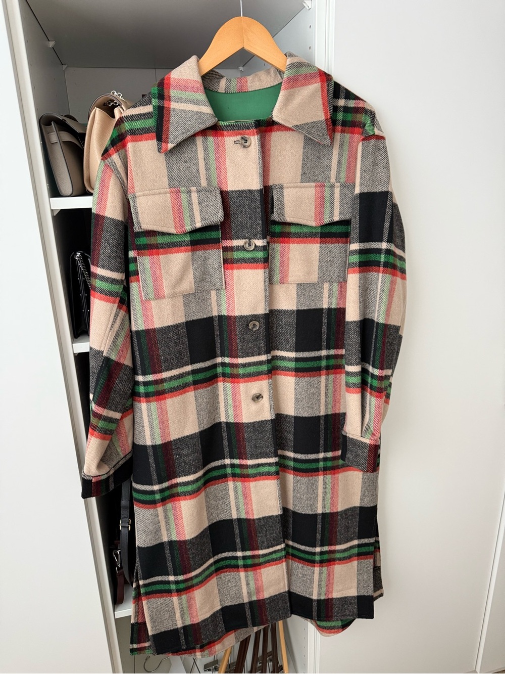 Plaid Long Trench Coat in Beige, Black & Green